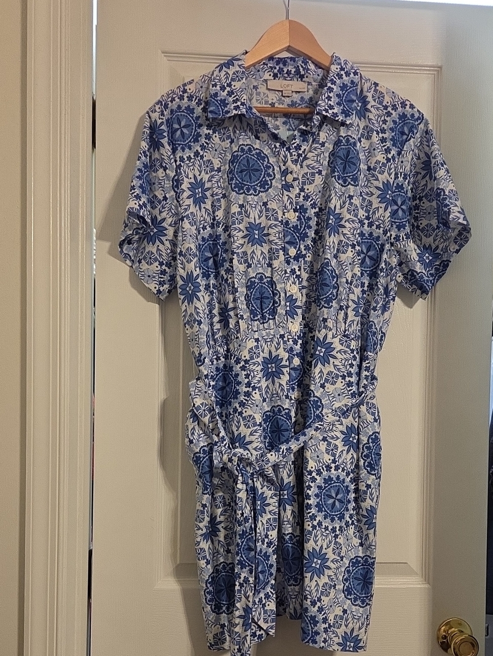 Loft Blue Medallion Print Shirt Dress with Waist Tie